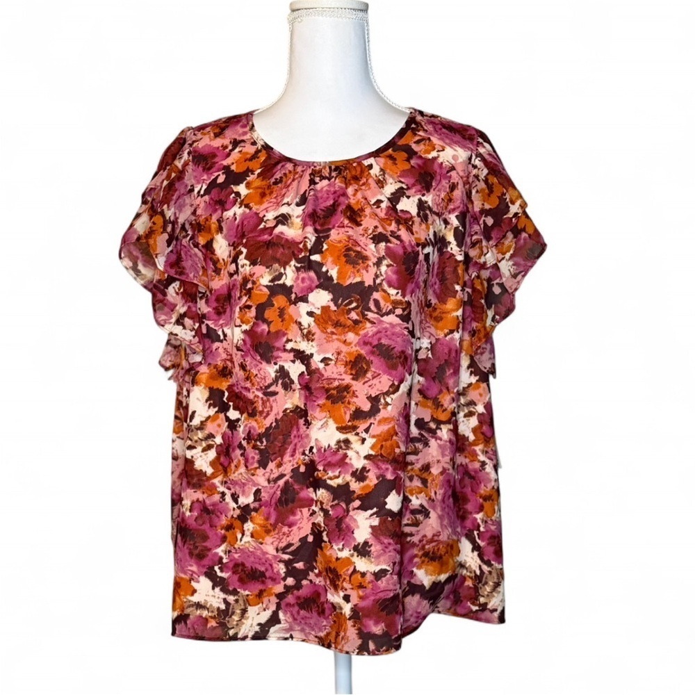 1. STATE Floral Flutter Sleeve Blouse – Pink/Orange Print – Size XL –